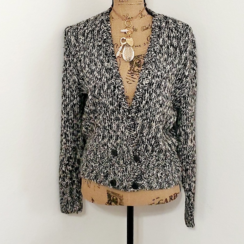 St. Michael U.K. - black and white knit button sweater cardigan Med. Cozy Office